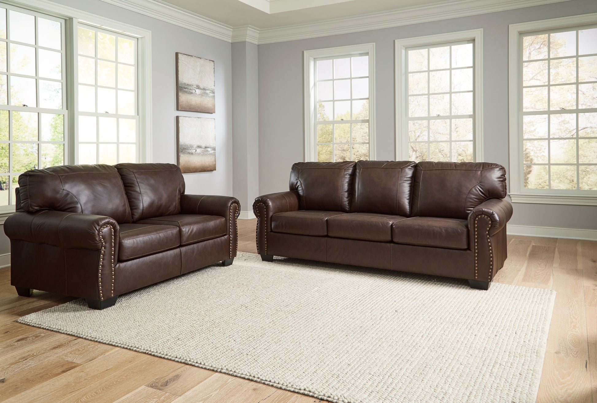 Dark Brown Stationary Sofa And Loveseat - front view