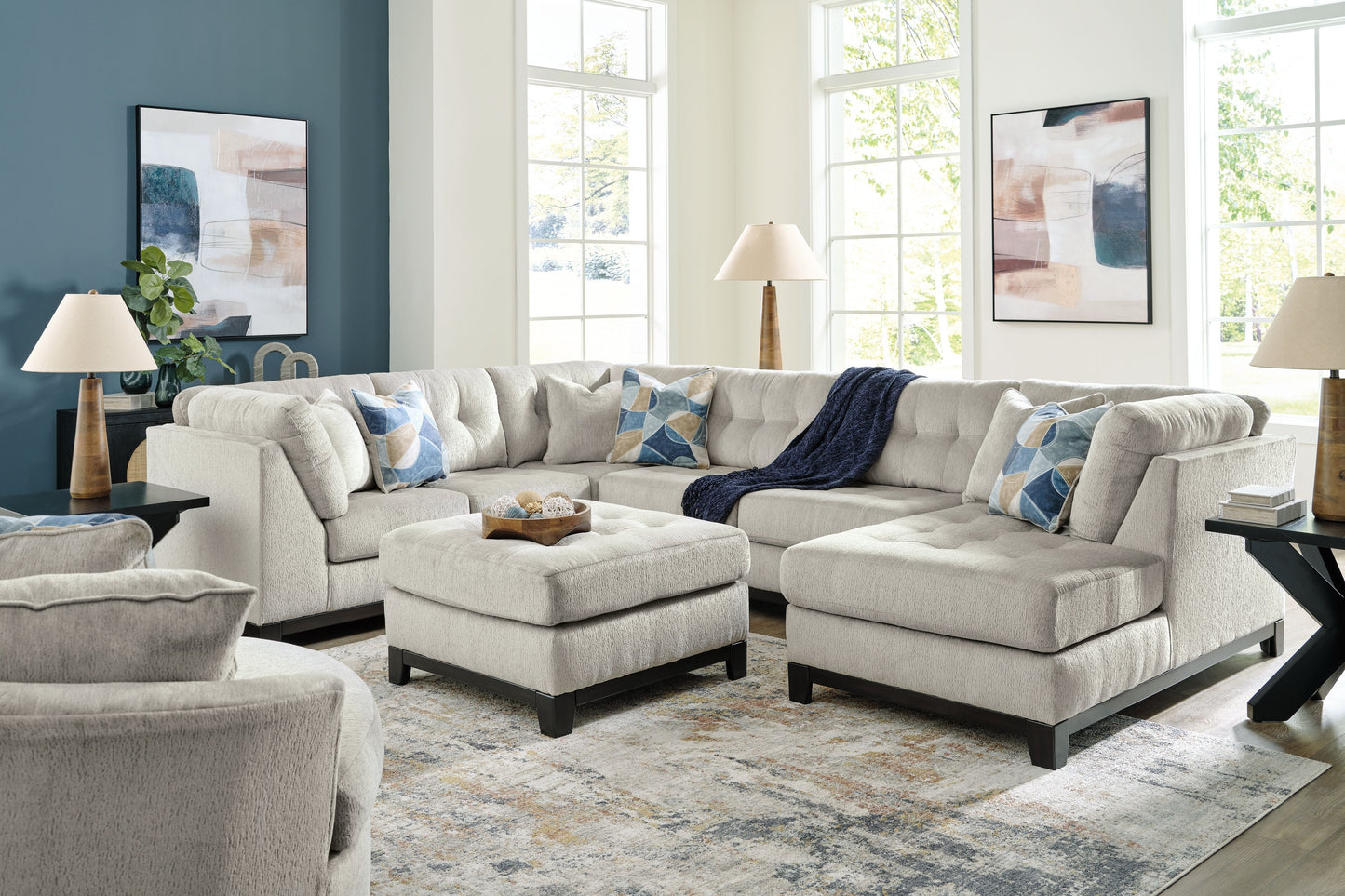 Navy Fabric Upholstered 5 Piece Living Room Sets - side view