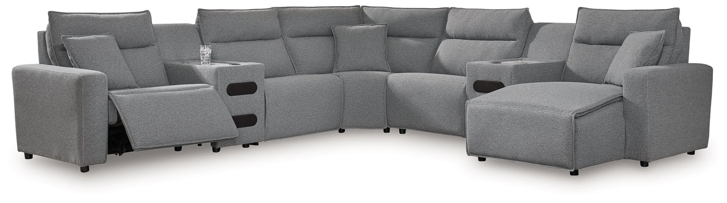 Modern Fabric Sectional - Salt and Pepper - 7 Pc. Power Reclining Sectional With LAF Power Chaise And With Audio Console