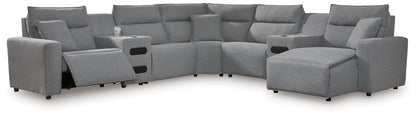 Modern Fabric Sectional - Salt and Pepper - 7 Pc. Power Reclining Sectional With LAF Power Chaise And With Audio Console