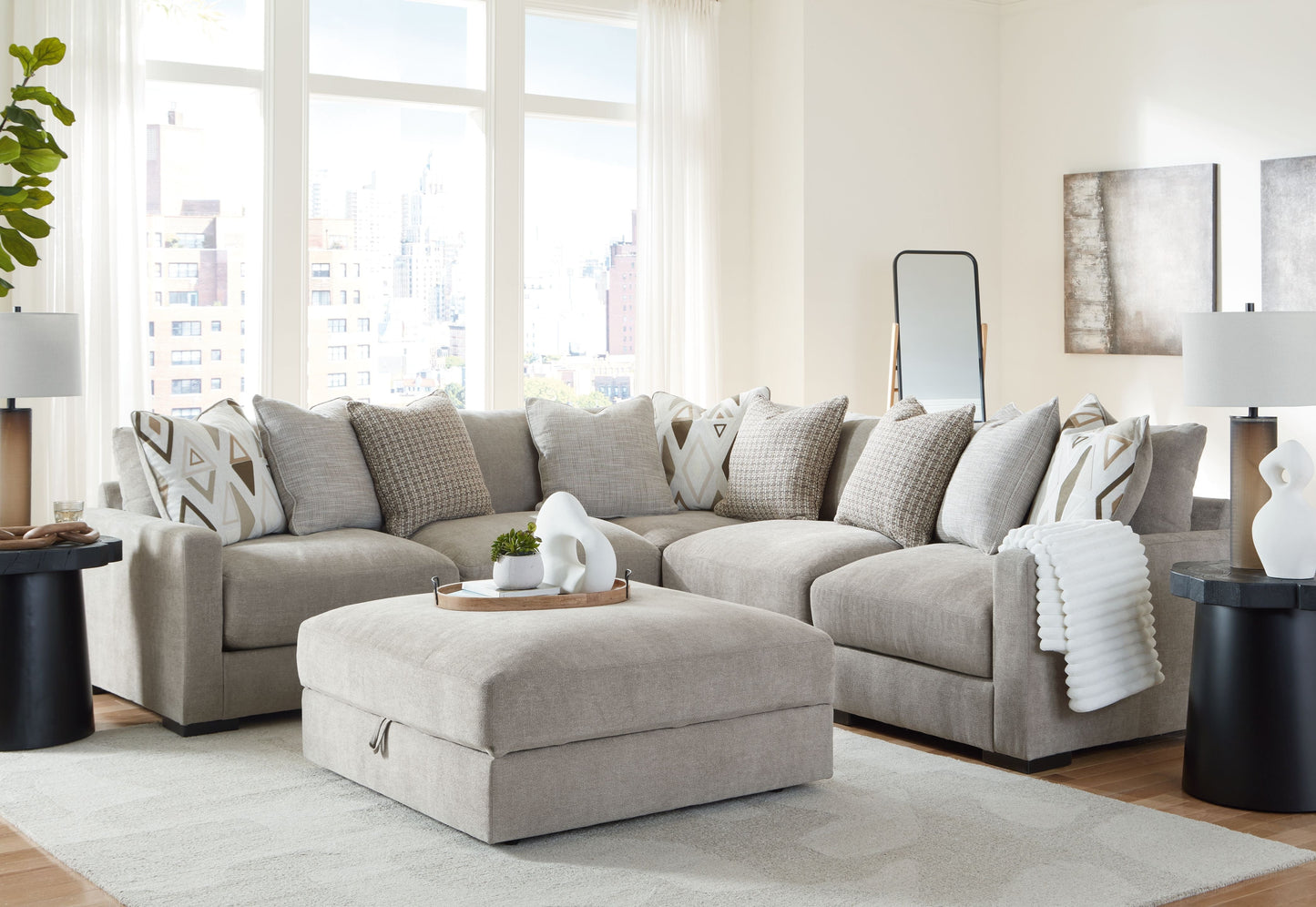 Modern Fabric 5 Piece Living Room Sets - Gray - 7 Pc. - 6-Piece Sectional With Raf Corner Chaise, Ottoman