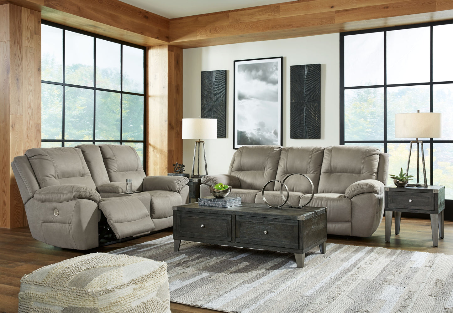 Beige Faux Leather Upholstered Reclining Sofa And Loveseat - side view