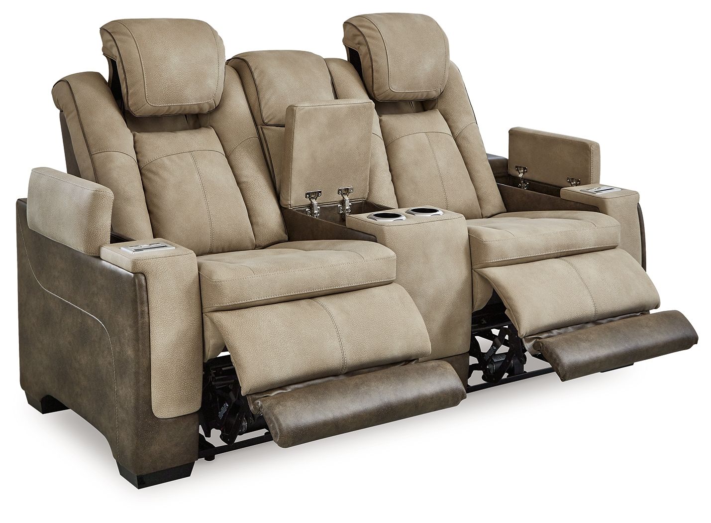 Sand Leather Upholstered Reclining Loveseat - front view