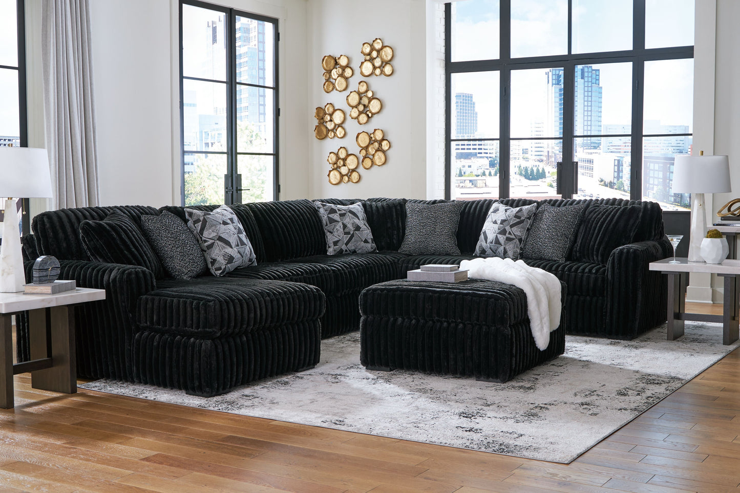 Modern Fabric 4 Piece Living Room Sets - Black - 5 Pc. - 4-Piece Sectional With Raf Corner Chaise, Ottoman