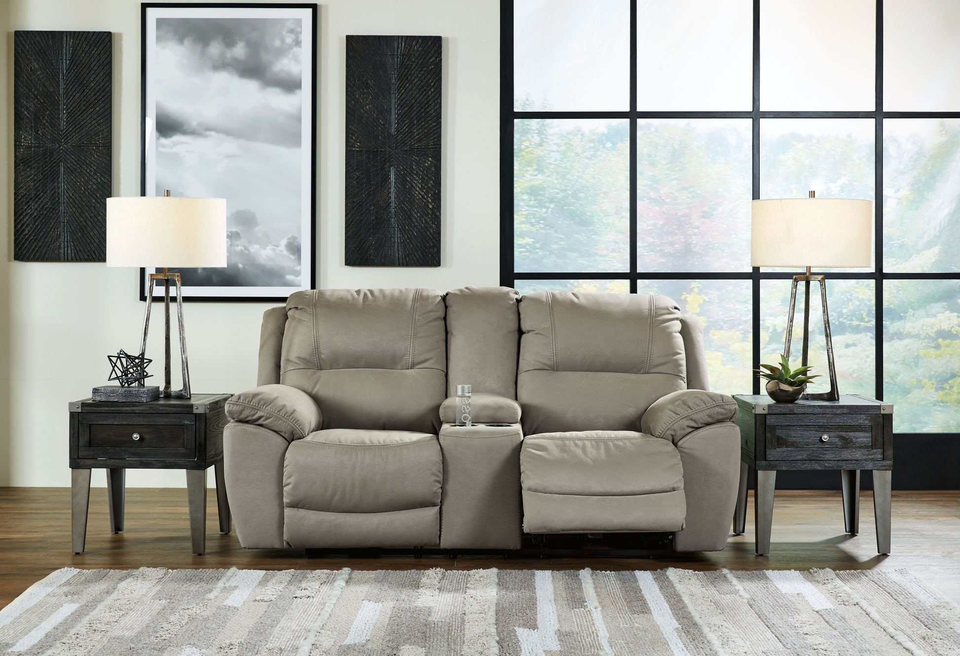 Beige Faux Leather Upholstered Reclining Sofa And Loveseat - rear view